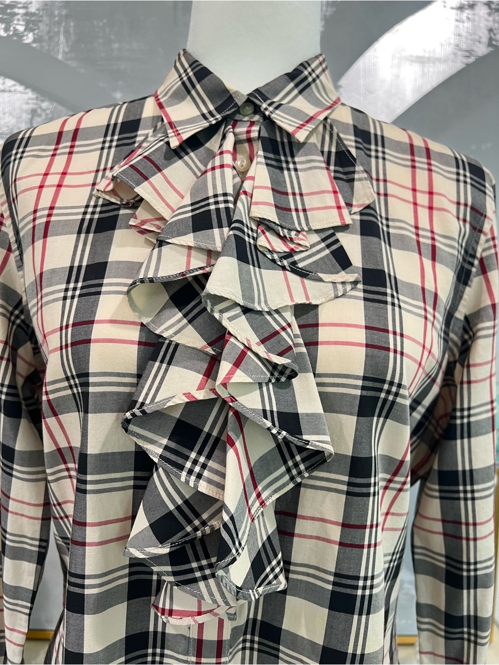 Ralph Lauren Plaid Ruffle Front Button-Up Shirt - Cream/Black/Red - Picture 2 of 12